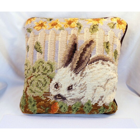 Vintage Needlepoint Pillow Handmade Bunny Rabbit in a Garden Easter Bunny - Picture 2 of 5